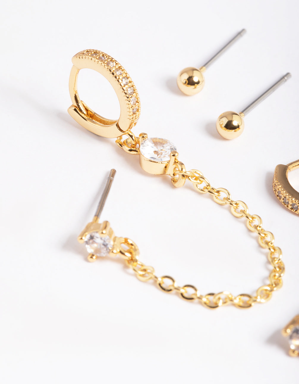Gold Plated Cubic Zirconia Pave Huggie Chain Earrings 6-Pack