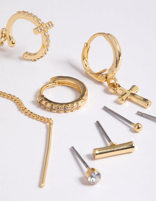 Gold Plated Chain Cross Earrings 8-Pack