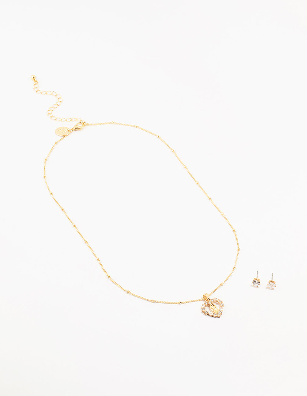 Gold Plated Diamante Heart Mary Necklace & Stud Earrings Set