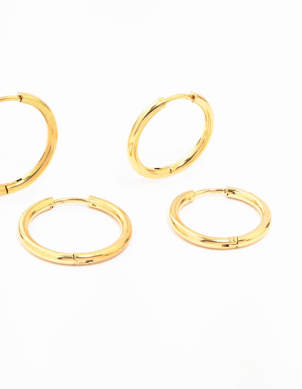 Designed with waterproof mini hoop earrings crafted from gold plated stainless steel in a 2-pack post detail view