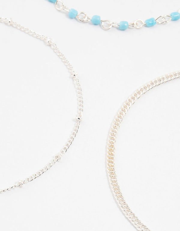 Silver Ball & Chain & Beaded Anklets 3-Pack
