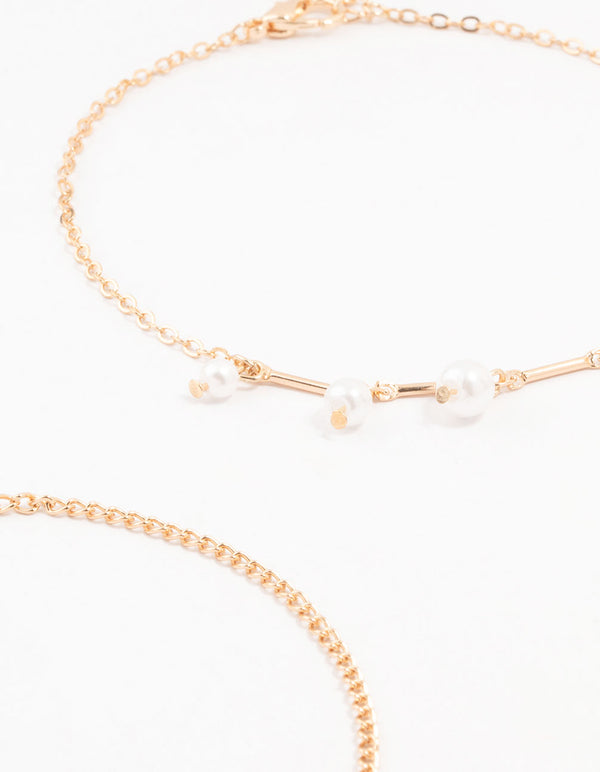 Gold Pearl Stone Drop Anklets 3-Pack