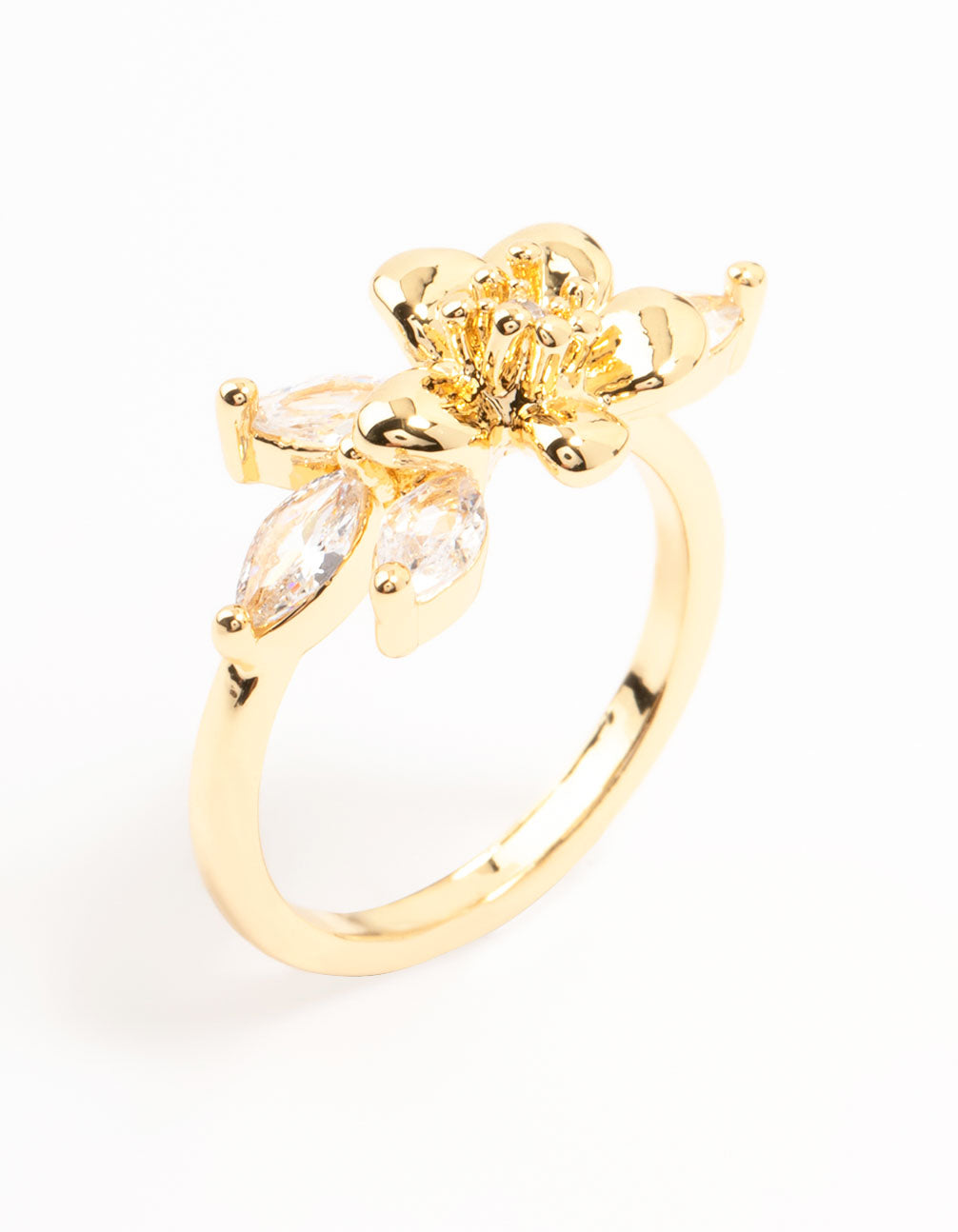 Crafted from gold plated material, this fine flower cubic zirconia ring statement style side detail view