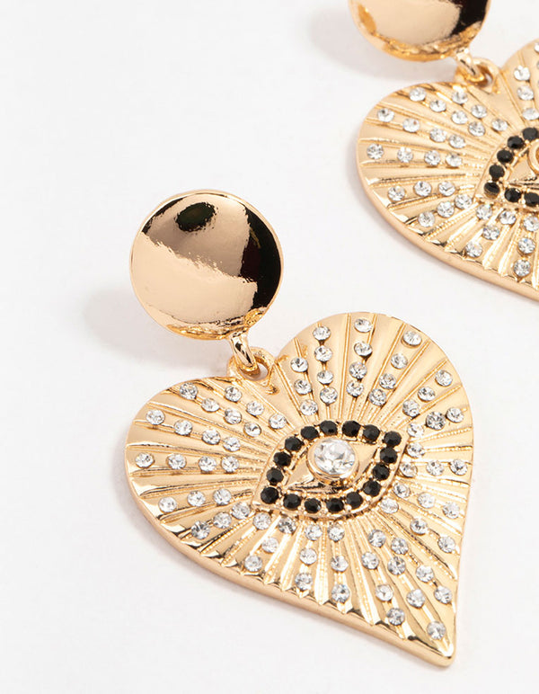 Gold & Black Etched Evil Eye Heart Drop Earrings
