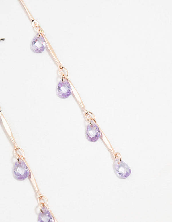 Rose Gold Purple Cubic Zirconia Droplet Drop Earrings