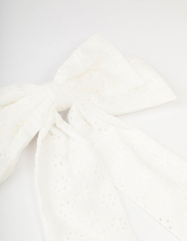 Large White Fabric Broderie Bow Clip