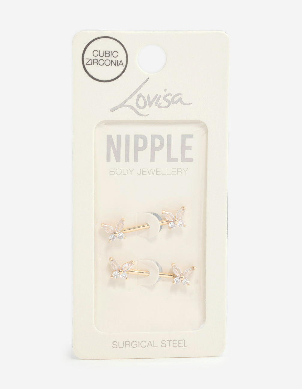 Gold Plated Surgical Steel Cubic Zirconia Butterfly Nipple Bars 2-Pack