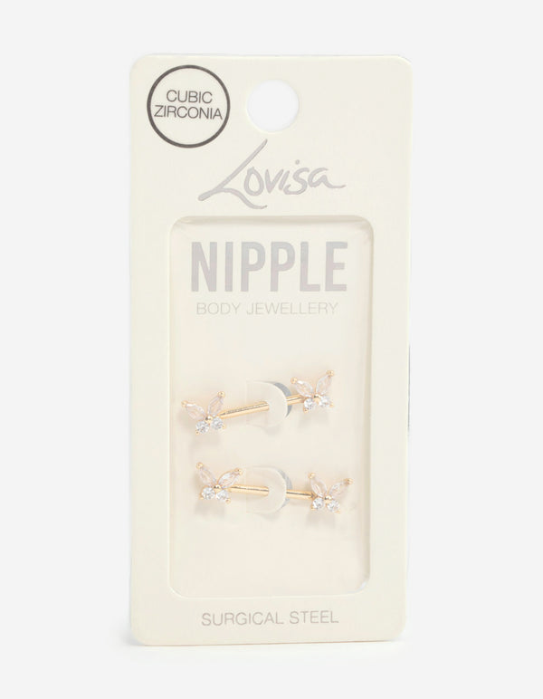 Gold Plated Surgical Steel Cubic Zirconia Butterfly Nipple Bars 2-Pack