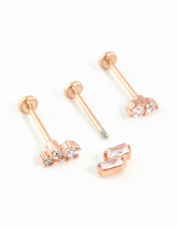 Rose Gold Plated Surgical Steel Pink Cubic Zirconia Flat Backs 3-Pack