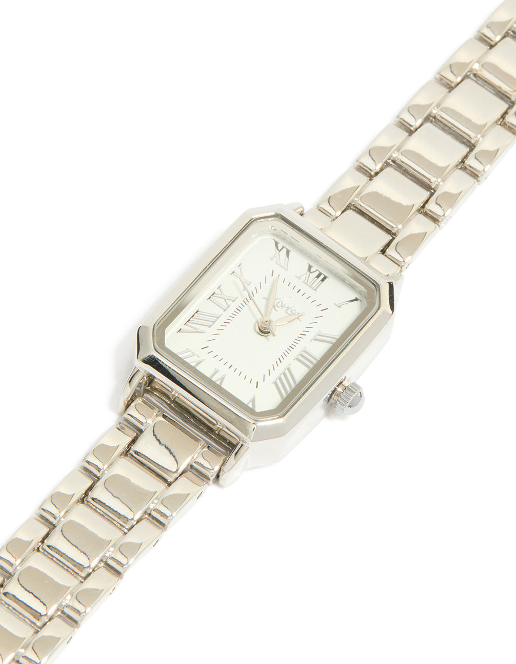 Showcasing a silver rectangle roman numeral watch with white dial crafted for women featuring link band strap and analog display in formal style watch face detail view