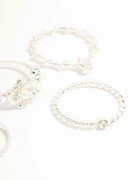 Silver Twisted, Sleek & Diamante Flower Style Rings 5-Pack - link has visual effect only