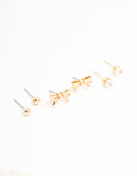 Gold Diamante, Sleek & Bow Stud Earrings 3-Pack - link has visual effect only