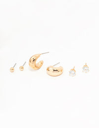Gold Hoop, Sleek & Diamante stud Earrings 3-Pack - link has visual effect only