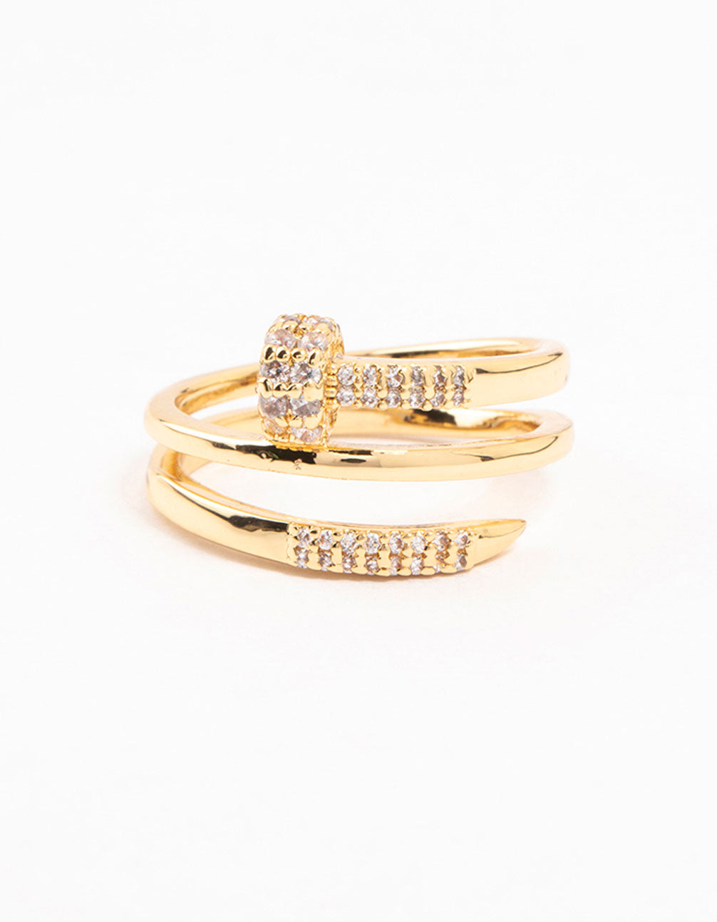 Stunning gold plated cubic zirconia nail wrapped ring featuring statement styling close up view