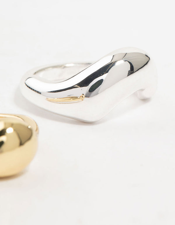 Crafted from mixed metals irregular stacking rings in gold and silver 2-pack side detail view