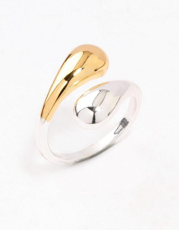 Stunning mixed puffy double end wrapped ring featuring gold and silver close up view