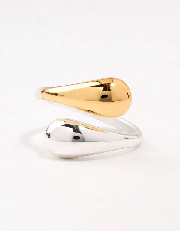 Elegantly designed mixed puffy double end wrapped ring in gold and silver side detail view