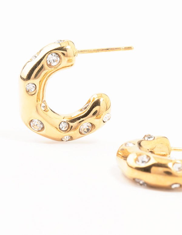 Waterproof Gold Plated Stainless Steel Crystal Molten Hoop Earrings