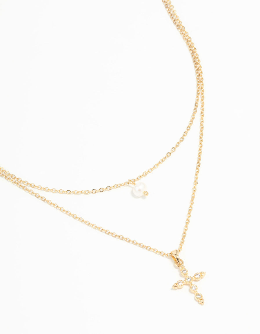 Gold Plated Pearl Diamante Cross Necklaces 2-Pack
