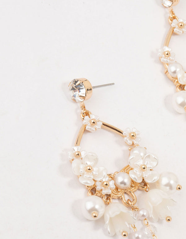 Gold Pearlised Flower Drop Earrings