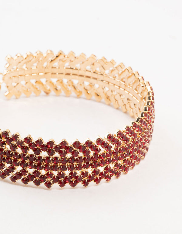 Gold & Red  Spikey 4 Row Diamante Wrist Cuff