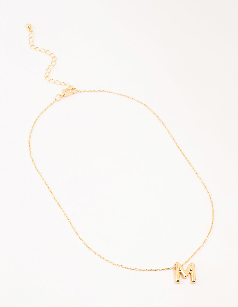 Showcasing a bubble letter M necklace with initials in gold plated finish front view