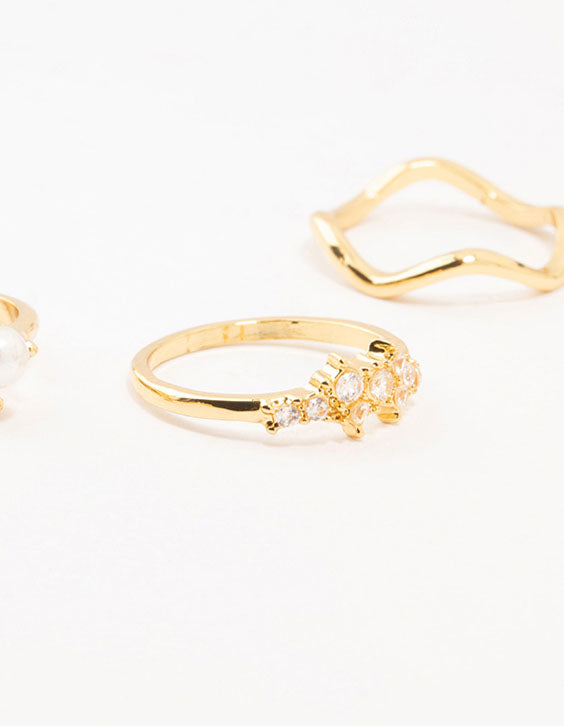Gold Plated Pearl Cluster Baguette Rings 6-Pack