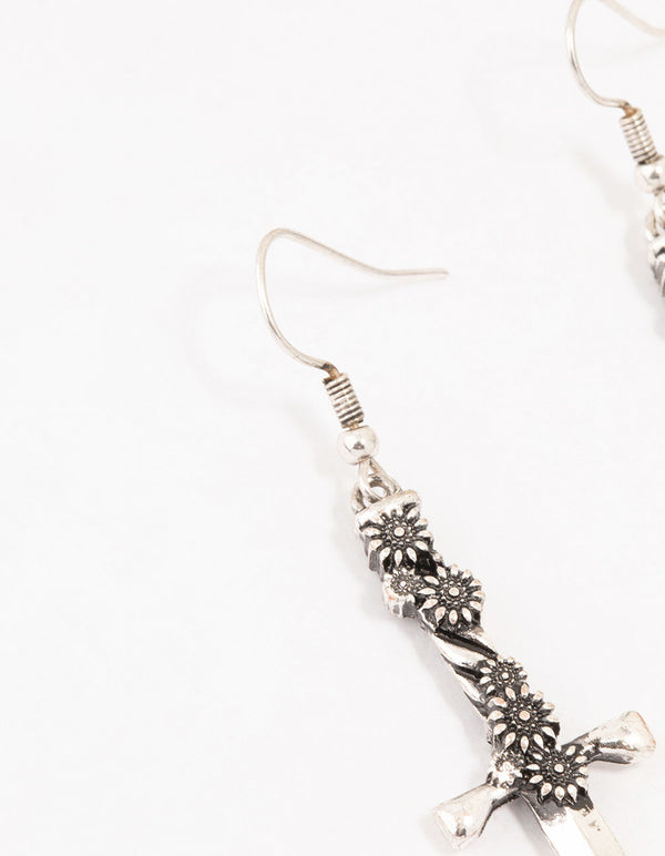 Antique Silver Floral Sword Drop Earrings