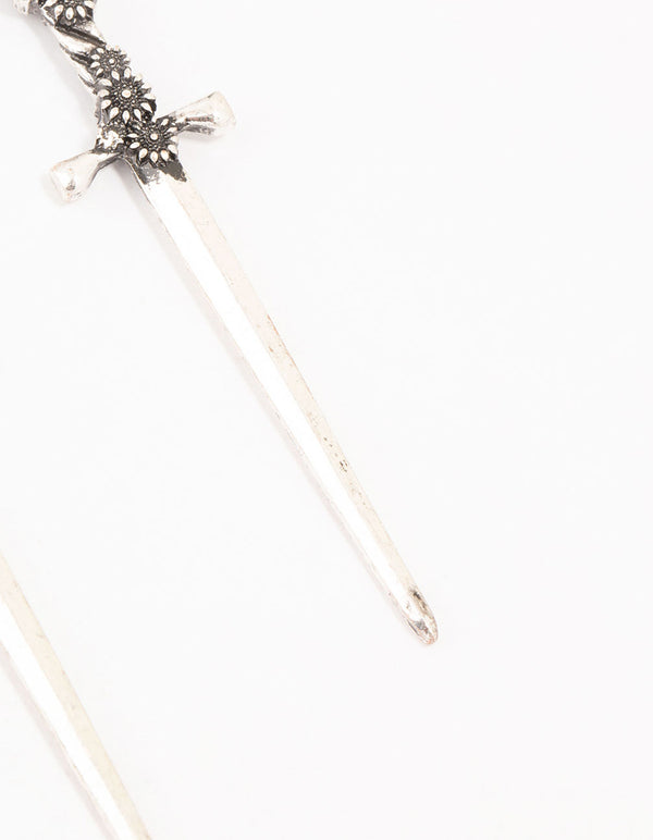 Antique Silver Floral Sword Drop Earrings
