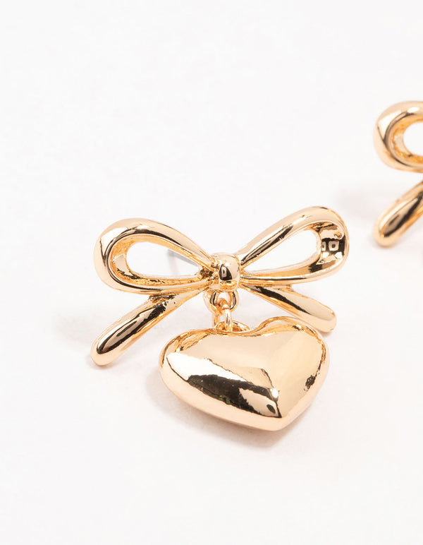Gold Bow & Puffy Heart Drop Earrings