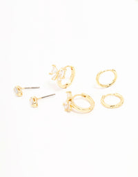 Real Gold Plated Baguette Cut Cubic Zirconia Bow Huggie Earrings 3-Pack - link has visual effect only
