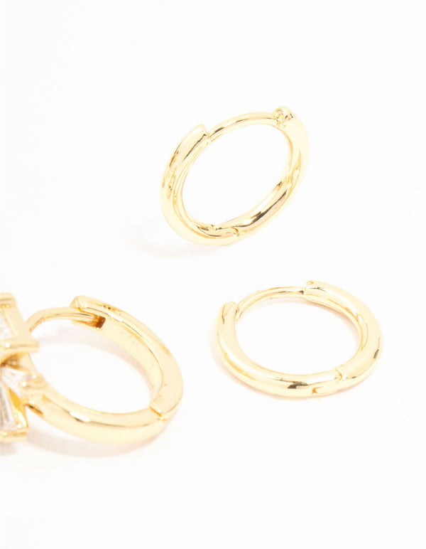 Real Gold Plated Baguette Cut Cubic Zirconia Bow Huggie Earrings 3-Pack