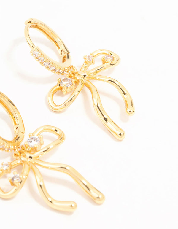 Real Gold Plated Cubic Zirconia Speckled Bow Huggie Earrings