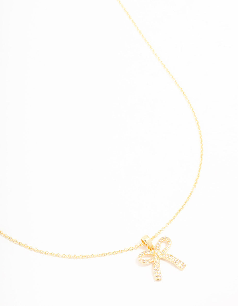 Real Gold Plated Pave Set Cubic Zirconia Bow Necklace