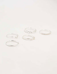 Showcasing silver plated dainty diamante stacking rings 5-pack front view - link has visual effect only