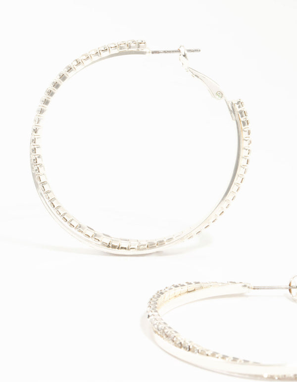 Silver Smooth Cup Chain Diamante Hoop Earrings