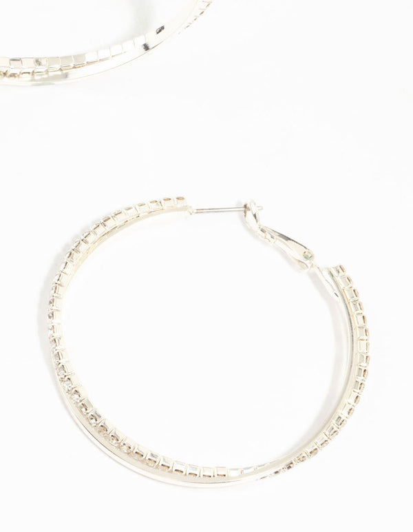 Silver Smooth Cup Chain Diamante Hoop Earrings