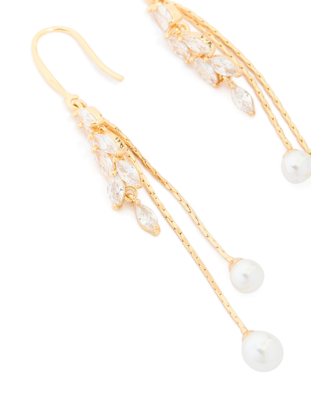 Beautifully crafted gold plated cubic zirconia pearl and leaf drop hook earrings close up view