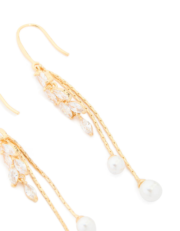 Gold Plated Cubic Zirconia Pearl Leaf Drop Hook Earrings