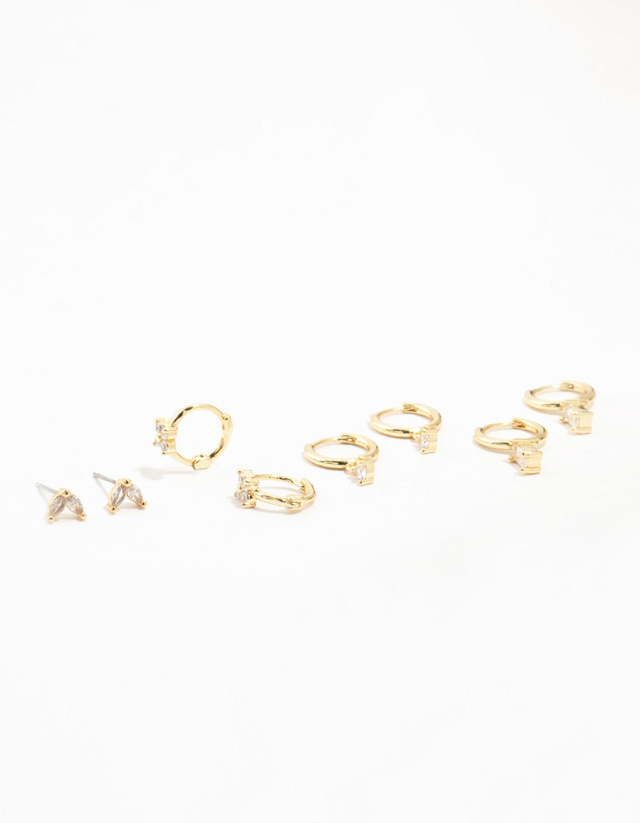 Gold Plated Brass  Brass Cubic Zirconia Hoop Earrings 4-Pack