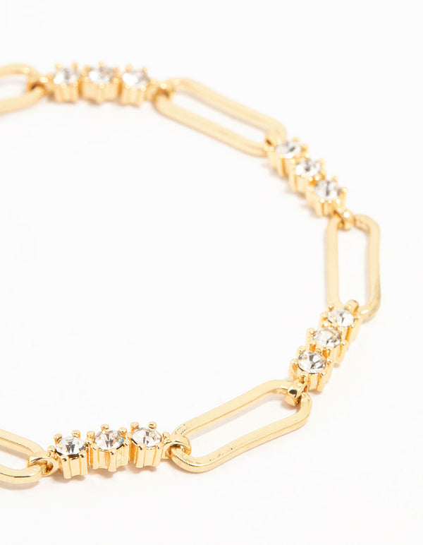 Gold Plated Brass Alternating Trio Cubic Zirconia Rectangle Link Bracelet