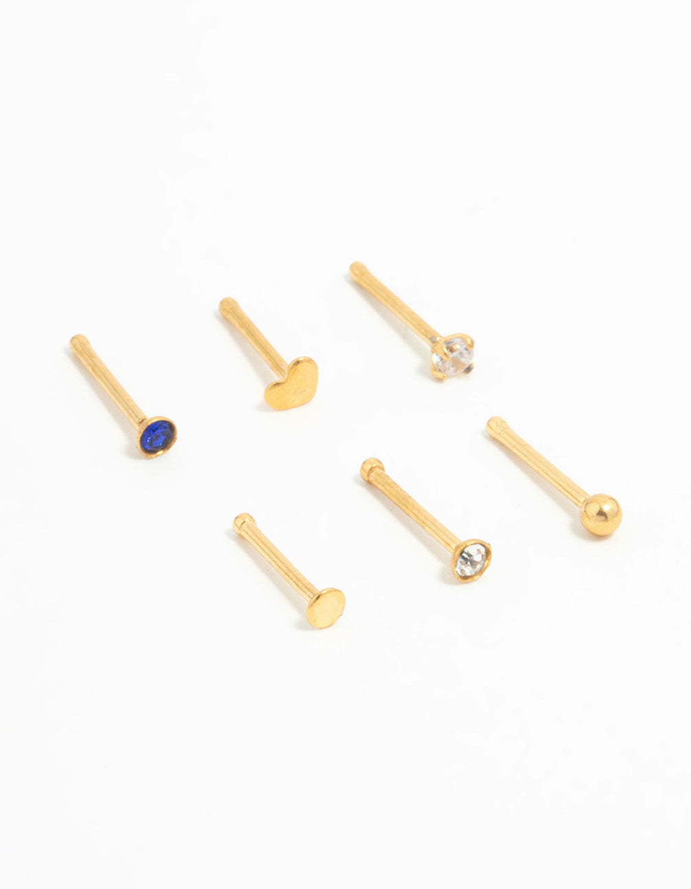 Gold Plated Titanium Heart & Cubic Zirconia Nose Studs 6-Pack