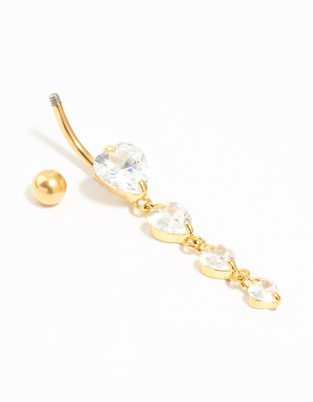 Gold Plated Titanium Graduating Cubic Zirconia Heart Drop Belly Bar