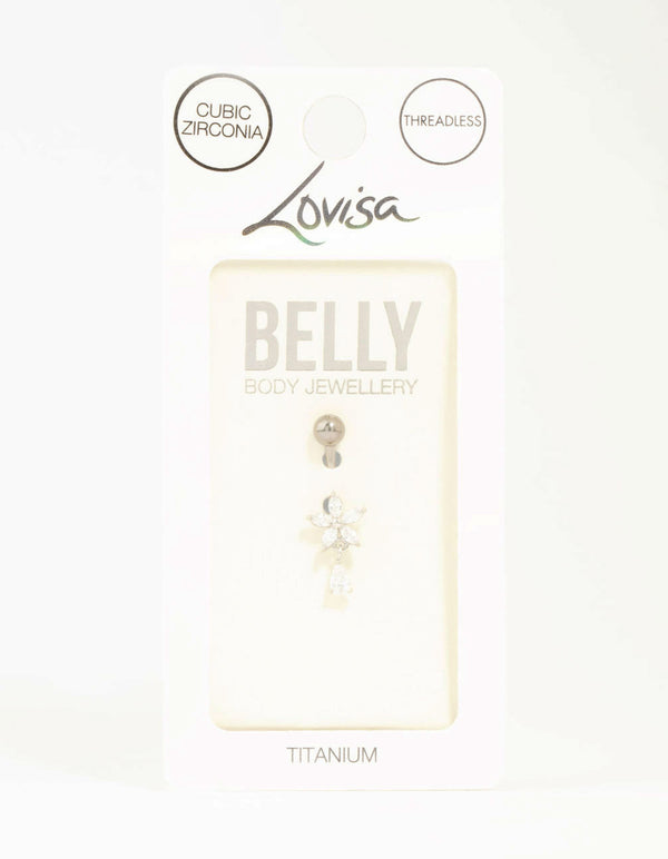 Titanium Cubic Zirconia Flower Threadless  Belly Bar