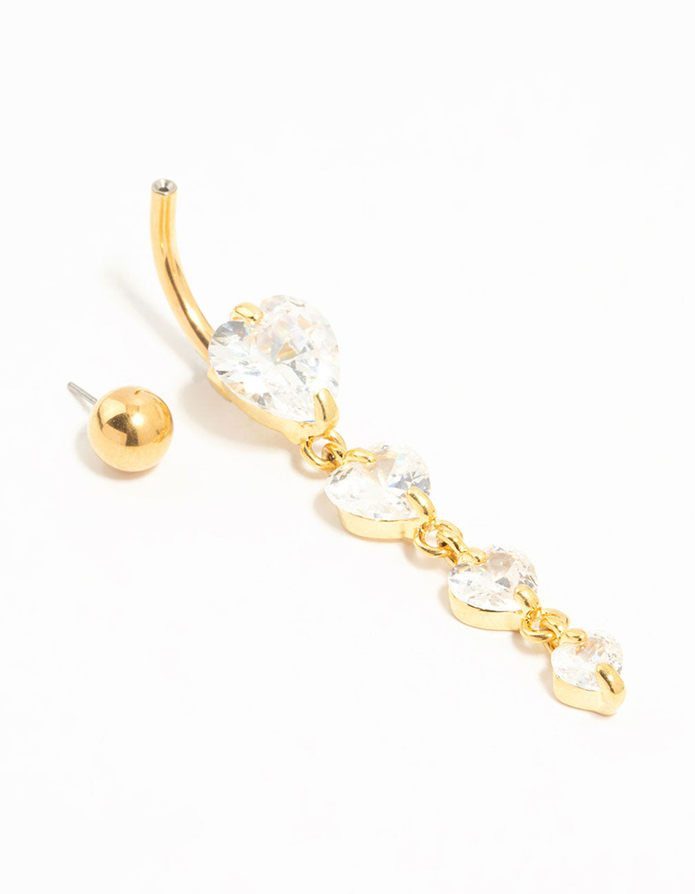 Gold Plated Titanium Cubic Zirconia Heart Quartet Threadless Belly Bar