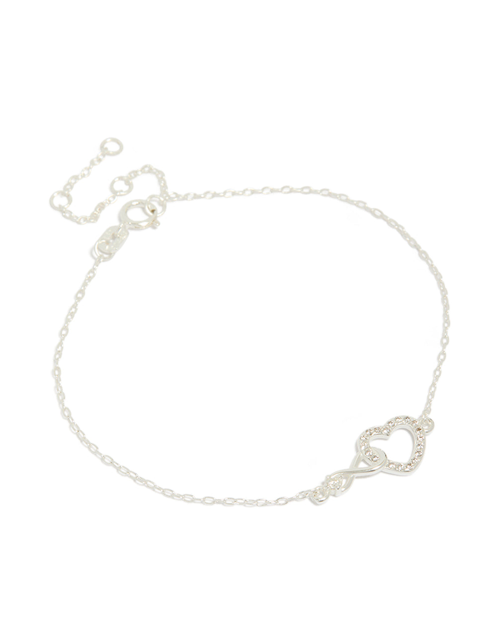 Beautifully crafted sterling silver infinity and cubic zirconia heart link bracelet in silver front view