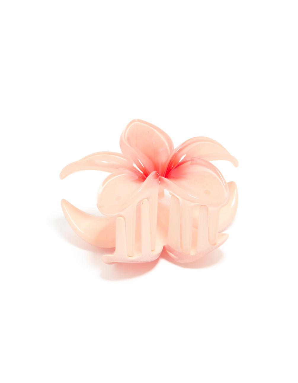 Beautifully crafted pink ombre hibiscus flower claw clip featuring in coral and peachpuff accents front view