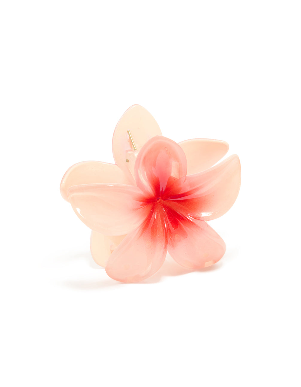 Showcasing a pink ombre hibiscus flower claw clip in coral and peachpuff tones accents side view