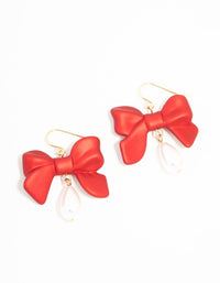 Gold Red Pearlised Bow & Pearl Drop Earrings - link has visual effect only