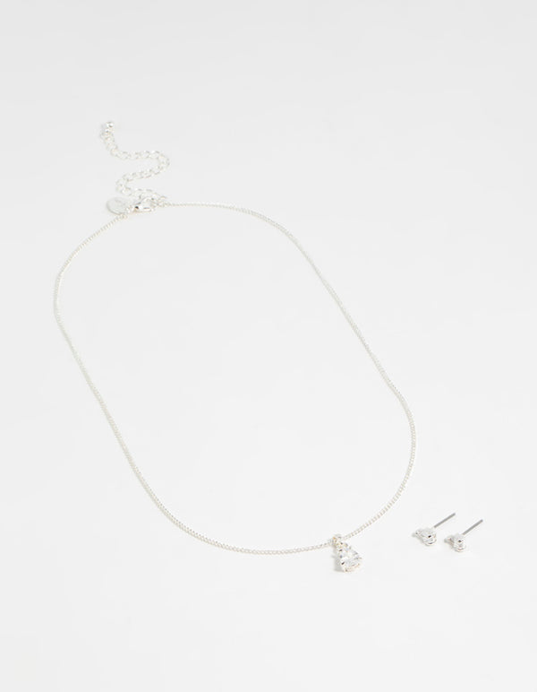 Silver Pear Diamante Necklace & Stud Earrings Set
